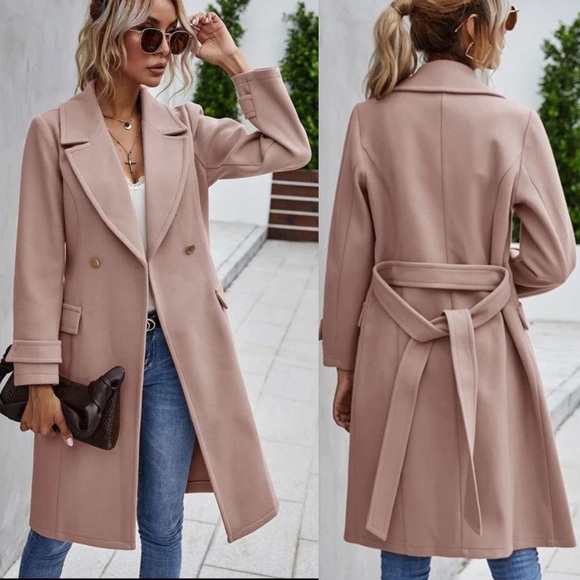 Light blush baby pink winter peacoat trench long jacket minimalist - Picture 2 of 16